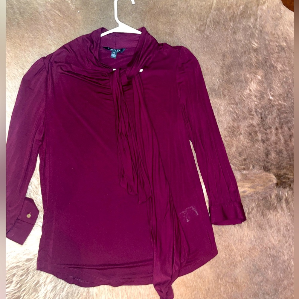 Gorgeous burgundy, Ralph Lauren blouse with tie neck, long sleeve, size medium
